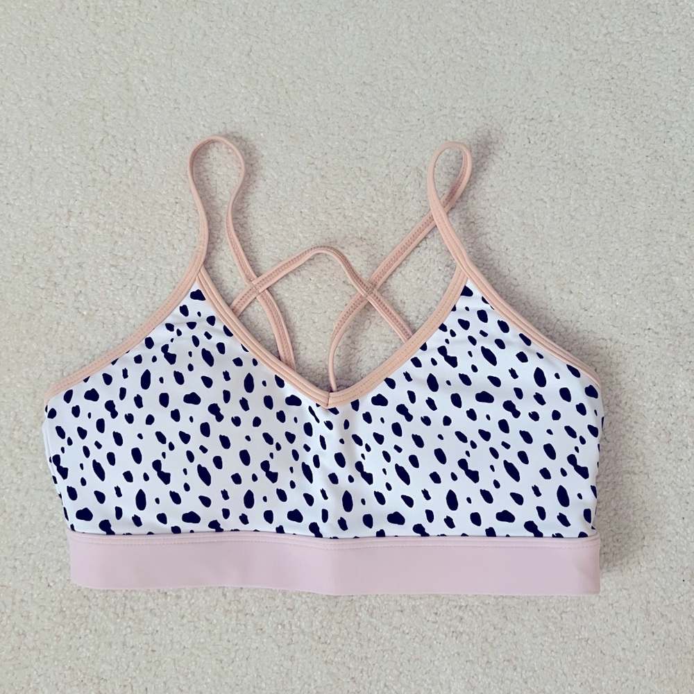 White Fox Boutique Pink and White Dalmatian Print Strappy Sports Bra